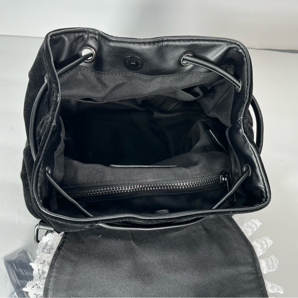 Dolls Kill Black Velvet Backpack White Embroidered Cross Drawstring Flap Bag - Picture 14 of 16